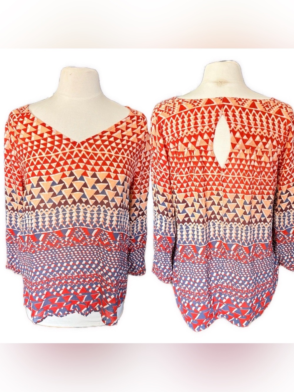 Lucky Brand tribal geometric Print open keyhole back Top 3/4 sleeve everyday